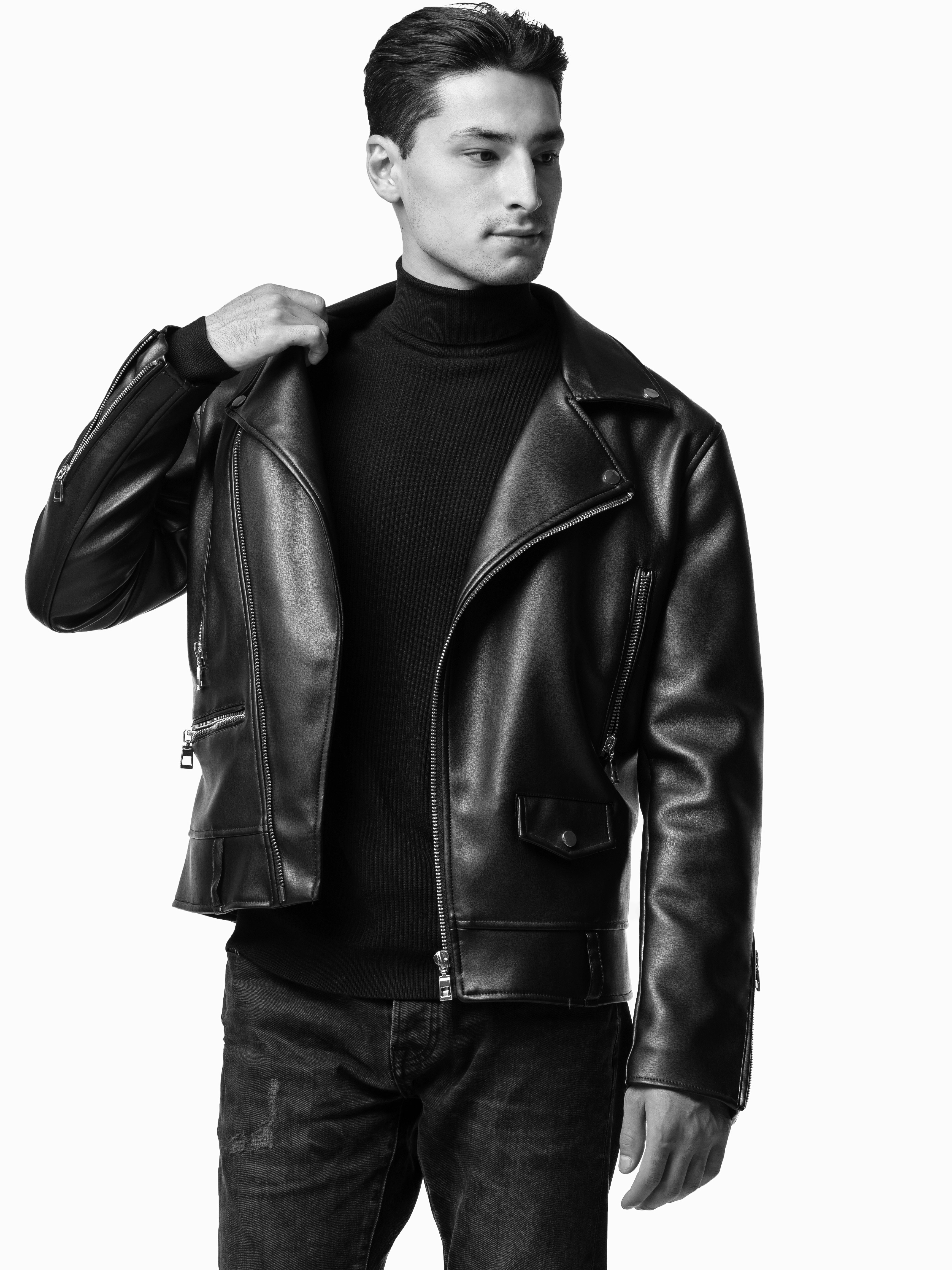 man in black leather jacket